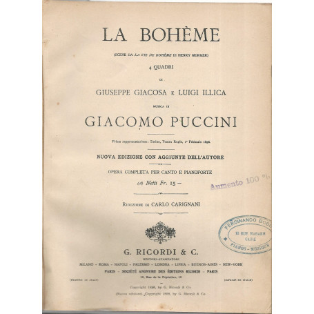 La bohème. 4 quadri di Giuseppe Giacosa e Luigi Illica musica di Giacomo Puccini. Opera completa per canto e pianoforte.