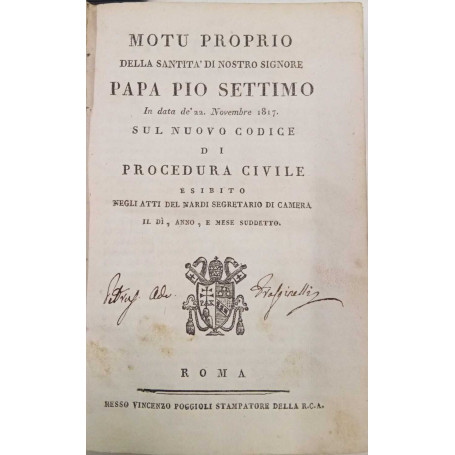 Motu proprio della santità di Nostro Signore Papa Pio Settimo sul nuovo codice di procedura civile esibito negli atti del Nardi