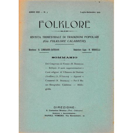 Folklore. Rivista trimestrale di tradizioni popolari. Anno XIII n. 3 Lugl. - Sett. 1929